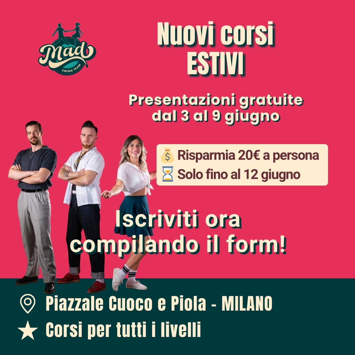Nuovi corsi swing milano 2025/2026.
Boogie Woogie
Lindy Hop
Swing
Solo Jazz
Balboa
Shag
Burlesque